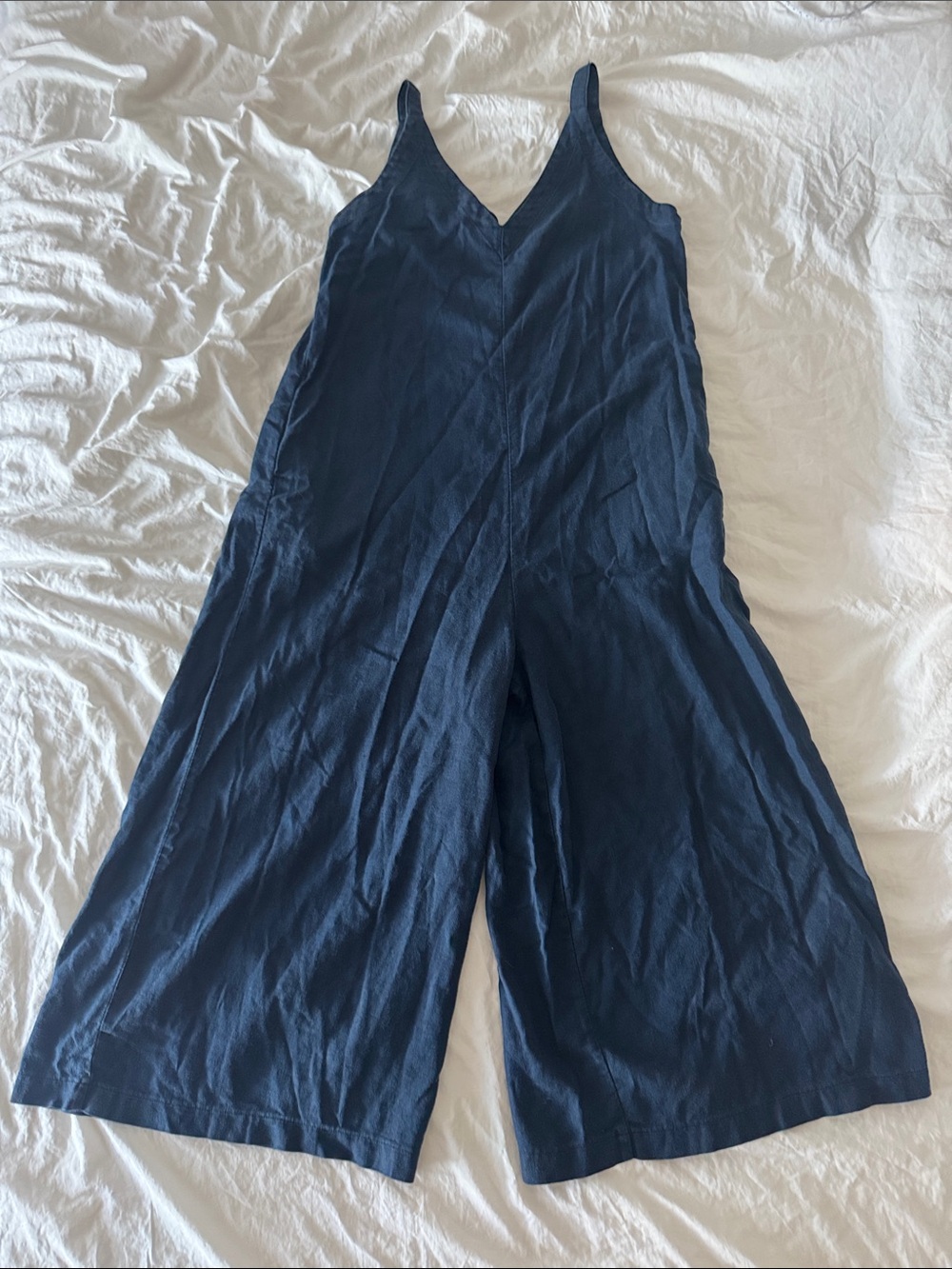 Uniqlo Deep Blue V-Neck Wide-Leg Jumpsuit